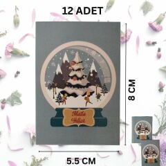 Yılbaşı Kar Temalı Tebrik Kartı Seti, Yeniyıl Hediye, Doğum Günü Not Kartları, 12 Adet, 5,5 x 8 Cm