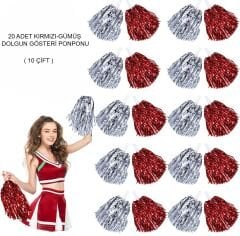 Kırmızı Gümüş Metalik Dolgun Gösteri Ponponu 20 Adet (10 Çift)