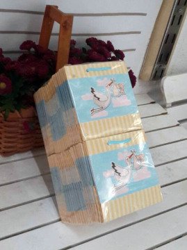 50 Li  Leylekli Mavi Körüklü Karton Çanta - Poşet 11 x11 Cm