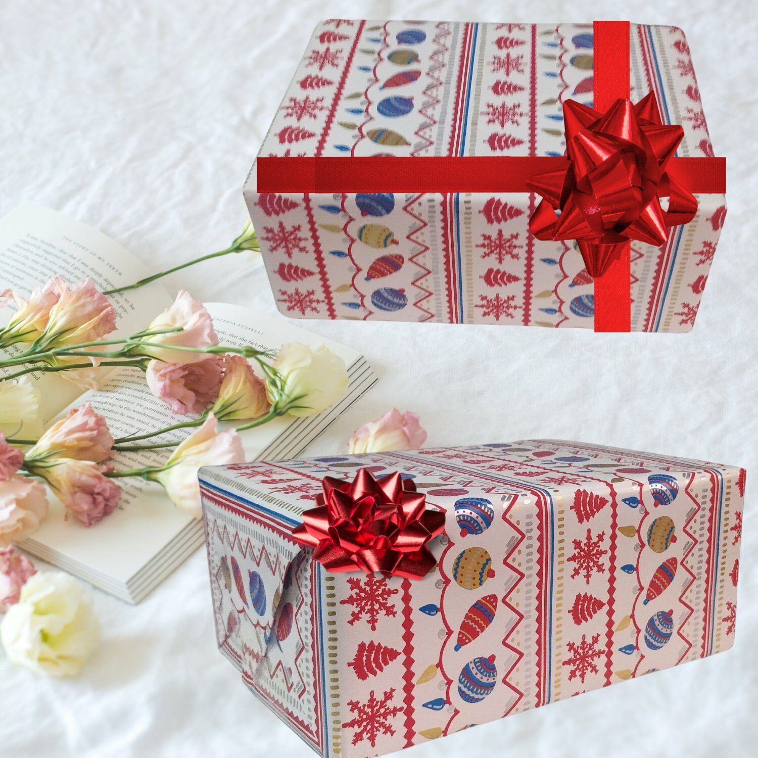 İtalyan Hediye Paketleme Kağıdı, Kar, Çam, Küre Desenli Ambalaj Kağıdı, Beyaz, No:495G, 70x200 Cm