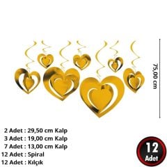 3 Boyutlu Spiralli Altın Renk Kalp Şekilli Tavan Asma Süsü 12 Adet