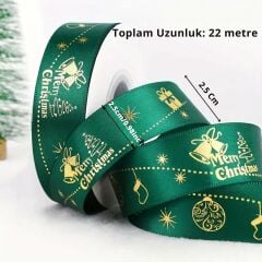 Yılbaşı Desenli Saten Kurdele, Yeniyıl Parti Hediye Paketleme Şeridi, Yeşil, 2.5 Cm - 22 Metre