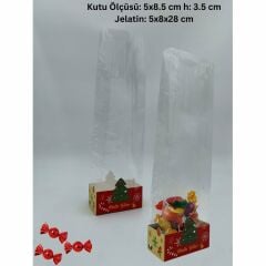 100 lü Kare Tabanlı OPP Jelatin (5x8x28cm) ve Yılbaşı Temalı Şekerleme Kutusu (5x8.5x3.5cm) Seti,