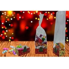 100 lü Kare Tabanlı OPP Jelatin (5x8x28cm) ve Yılbaşı Temalı Şekerleme Kutusu (5x8.5x3.5cm) Seti,