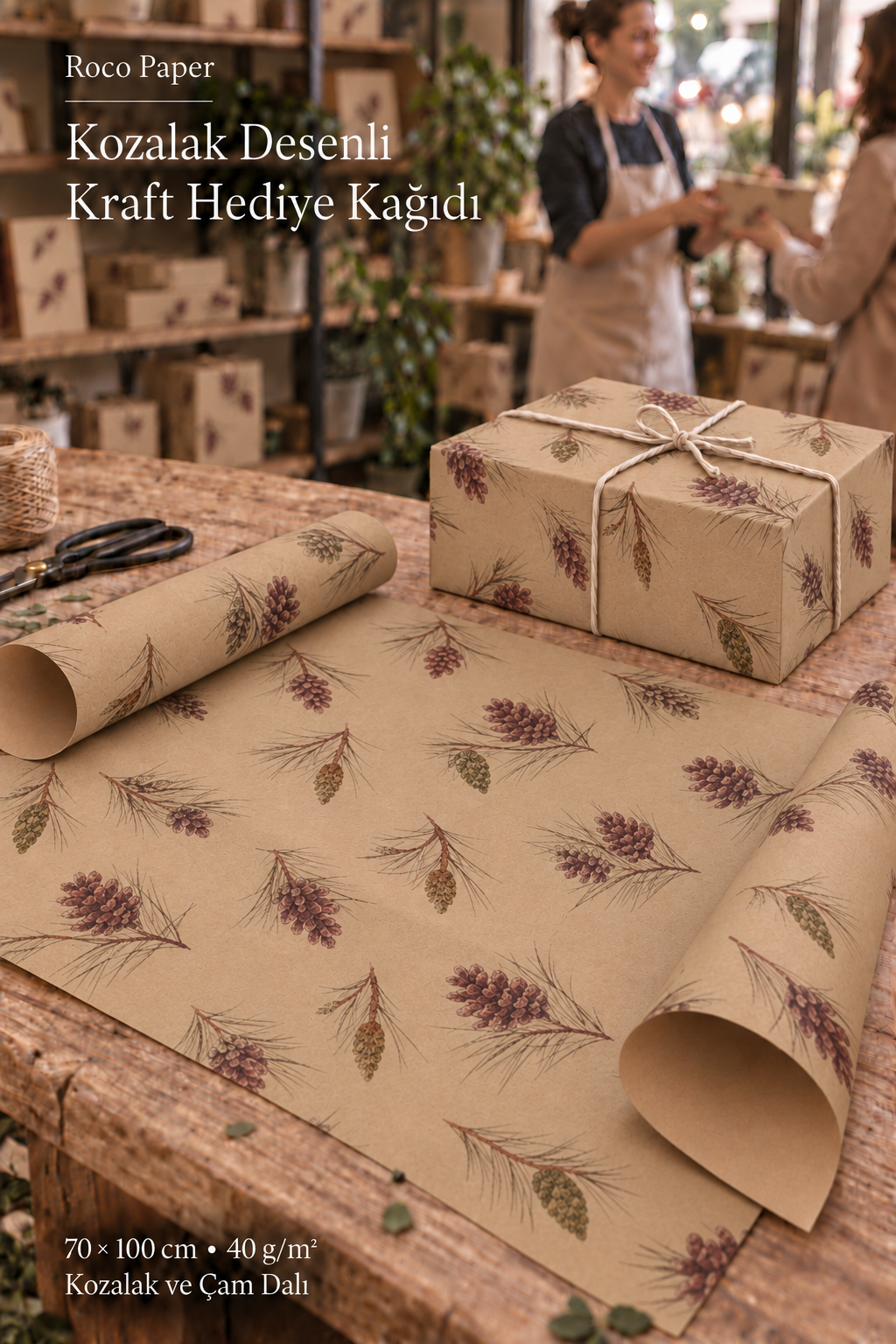 İtalyan Kraft Hediye Paketleme Kağıdı, Kozalak Desenli Paket Ambalaj Kağıdı, 25 Adet, No: 70x100 Cm