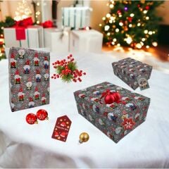 İtalyan Kuşe Hediye Paketleme Kağıdı, Cüce Noel Baba Desenli Ambalaj Kağıdı, 10 Adet, No: 70x100 Cm
