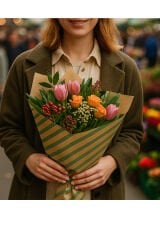 10 lu Kraft Yeşil (Verev çizgili) Ambalaj Hediye Paketi / Buket Kağıdı