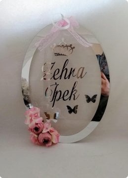Küçük püsküllü oval şeffaf pleksi kapı süsü GUMUSE MAVI