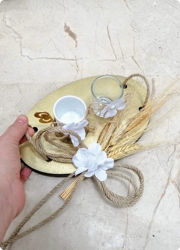 Oval ahşap damat tepsisi ve yüzük tepsisi takımı ALTIN