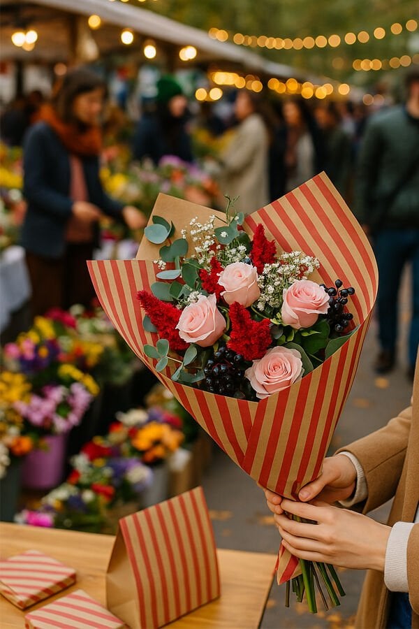 10 lu Kraft Kırmızı (Verev çizgili) Ambalaj Hediye Pakedi / Buket Kağıdı