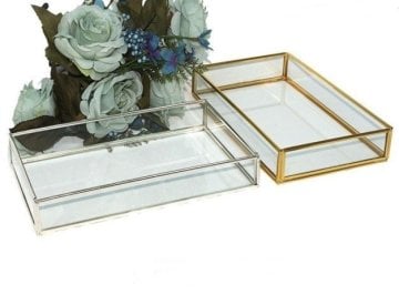 Metal Kenarlı Kapaksız Cam Damat Tepsisi (25*15*4cm)