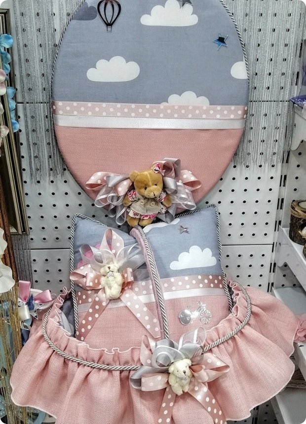 Bulut desenli Gri Süslü Bebek Kapı Süsü,Sepet,Takı yastığı KAPI SUSU MAVI