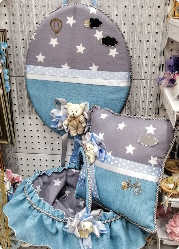 Bulut desenli Gri Süslü Bebek Kapı Süsü,Sepet,Takı yastığı KAPI SUSU MAVI