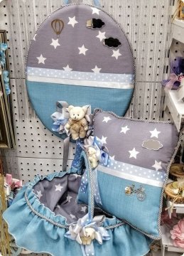 Bulut desenli Gri Süslü Bebek Kapı Süsü,Sepet,Takı yastığı KAPI SUSU MAVI