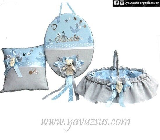 Bulut desenli Gri Süslü Bebek Kapı Süsü,Sepet,Takı yastığı KAPI SUSU MAVI