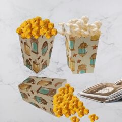 12li Ramazan Temalı Patlamış Mısır, Şeker Kutusu, Hediye Popcorn, Ikram Kutusu, 6x6x11 Cm, Krem Renk