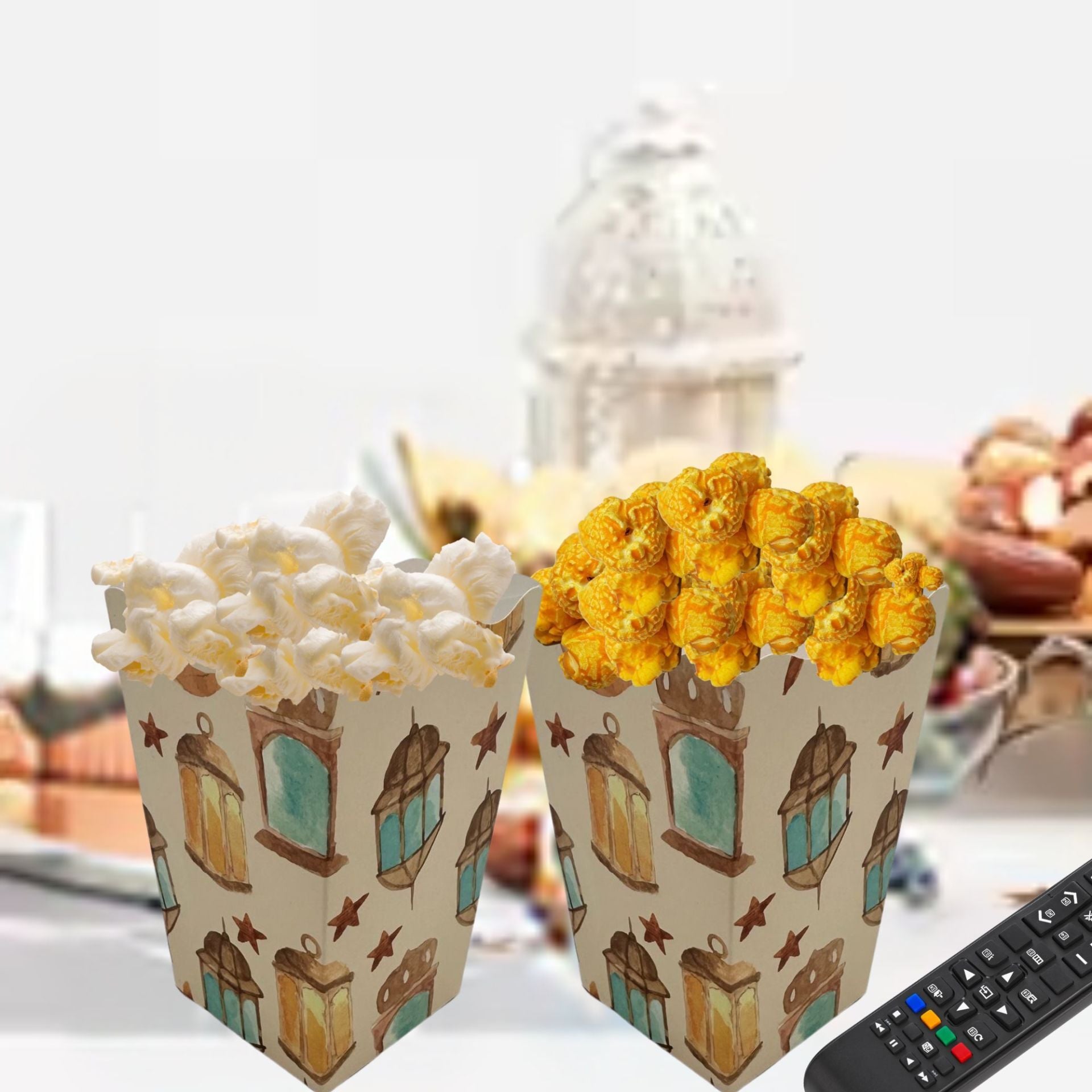 12li Ramazan Temalı Patlamış Mısır, Şeker Kutusu, Hediye Popcorn, Ikram Kutusu, 6x6x11 Cm, Krem Renk