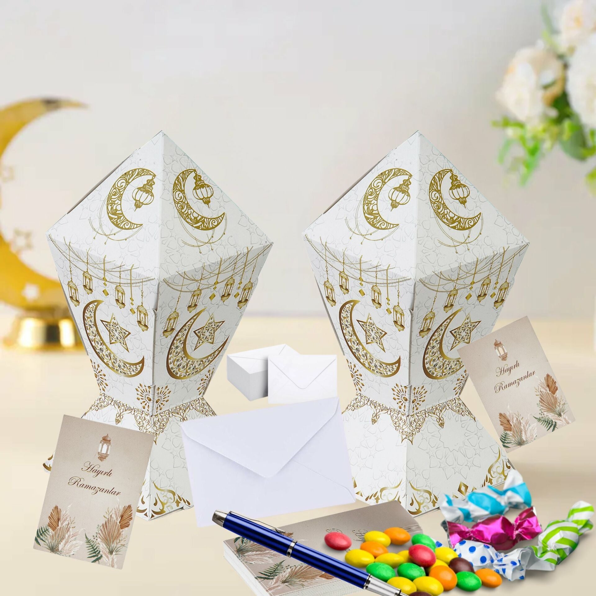 Hayırlı Ramazanlar Yazılı Hediye ve Tebrik Kartı (6x8 Cm) & Beyaz Zarf Seti (7x9 Cm), 25 Adet