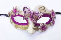 Kelebek İşlemeli Masquerade Venedik Maskesi Mor Renk 7x16 cm