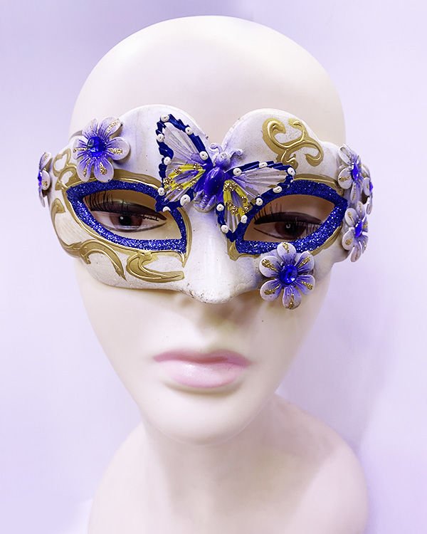 Kelebek İşlemeli Masquerade Venedik Maskesi Mavi Renk 7x16 cm