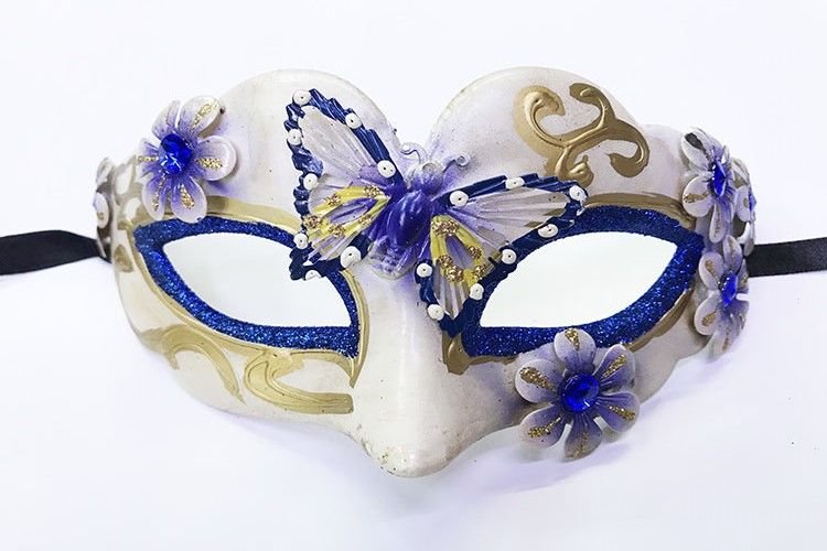 Kelebek İşlemeli Masquerade Venedik Maskesi Mavi Renk 7x16 cm