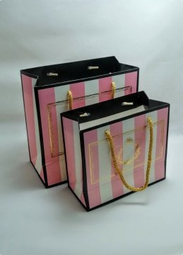 10 Lu (18x16 Cm) Çizgili Pembe Karton Çanta, Poşet