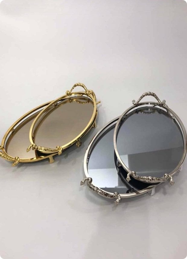 2 Li Set Oval Saplı Söz,nişan yüzük tepsisi Altın