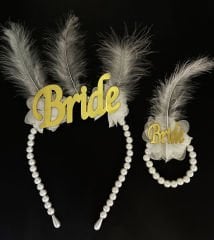 Beyaz İncili Gerçek Otriş Tüylü Pleksili Bride Yazılı Gelin Tacı ve Bride Yazılı Gelin Bilekliği Altın Renk