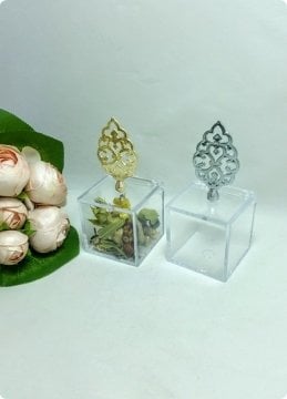 12 li Metalize Pvc Tuğra Tepelikli 6x6x6 Cm Mika Pleksi Küp Kutu