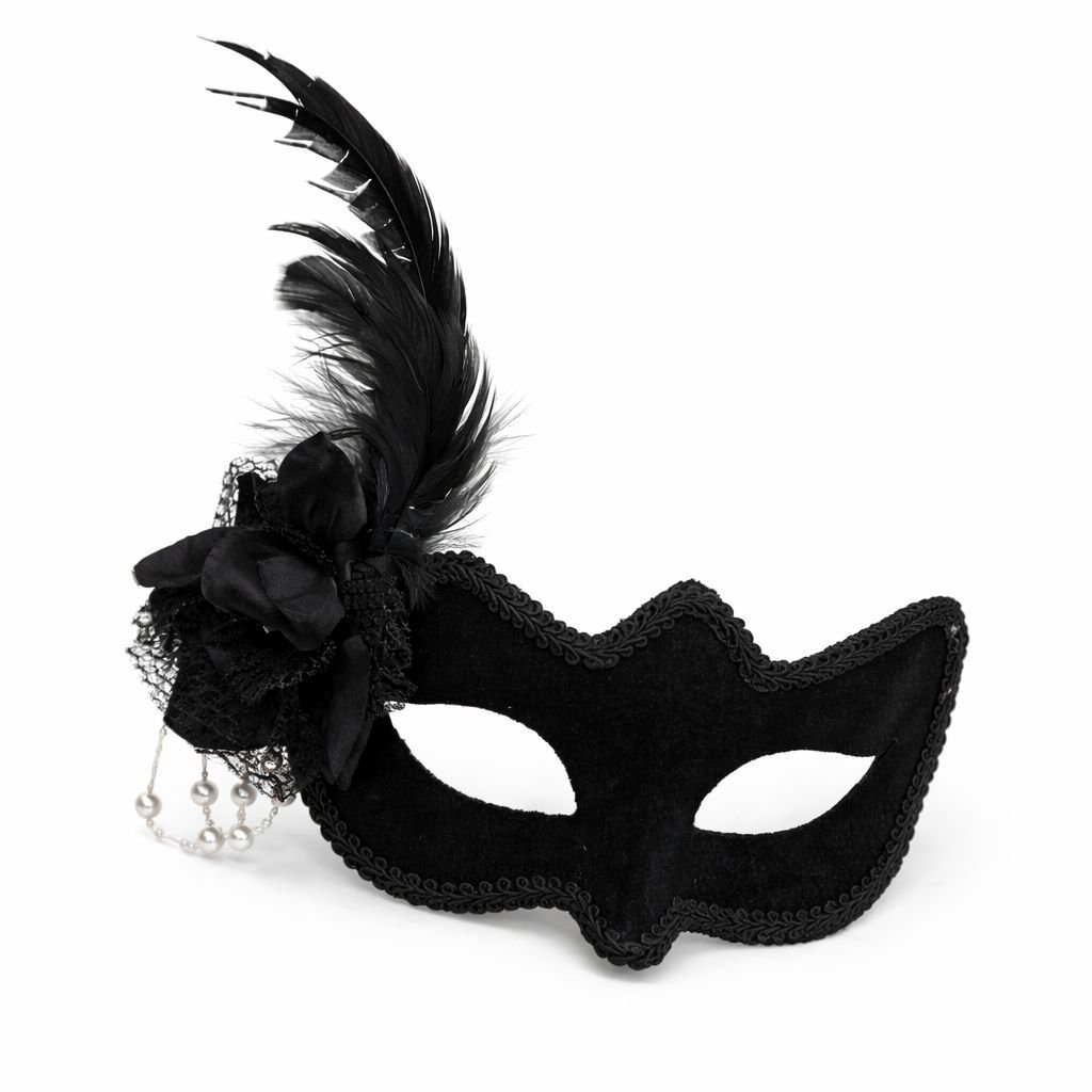 Beyaz İnci Detaylı Siyah Süet Venedik Kadın Maskesi Tüylü Güllü