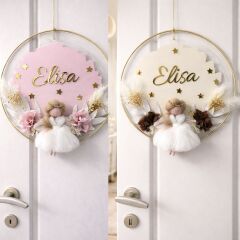 Peri kızı dekorlu Yuvarlak kasnak içinde pleksi kapı süsü