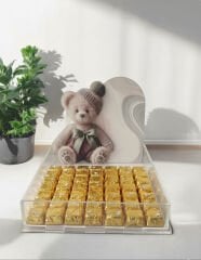 Yeşil kahve ayıcık dekorlu Pleksi çikolata sunum kutusu