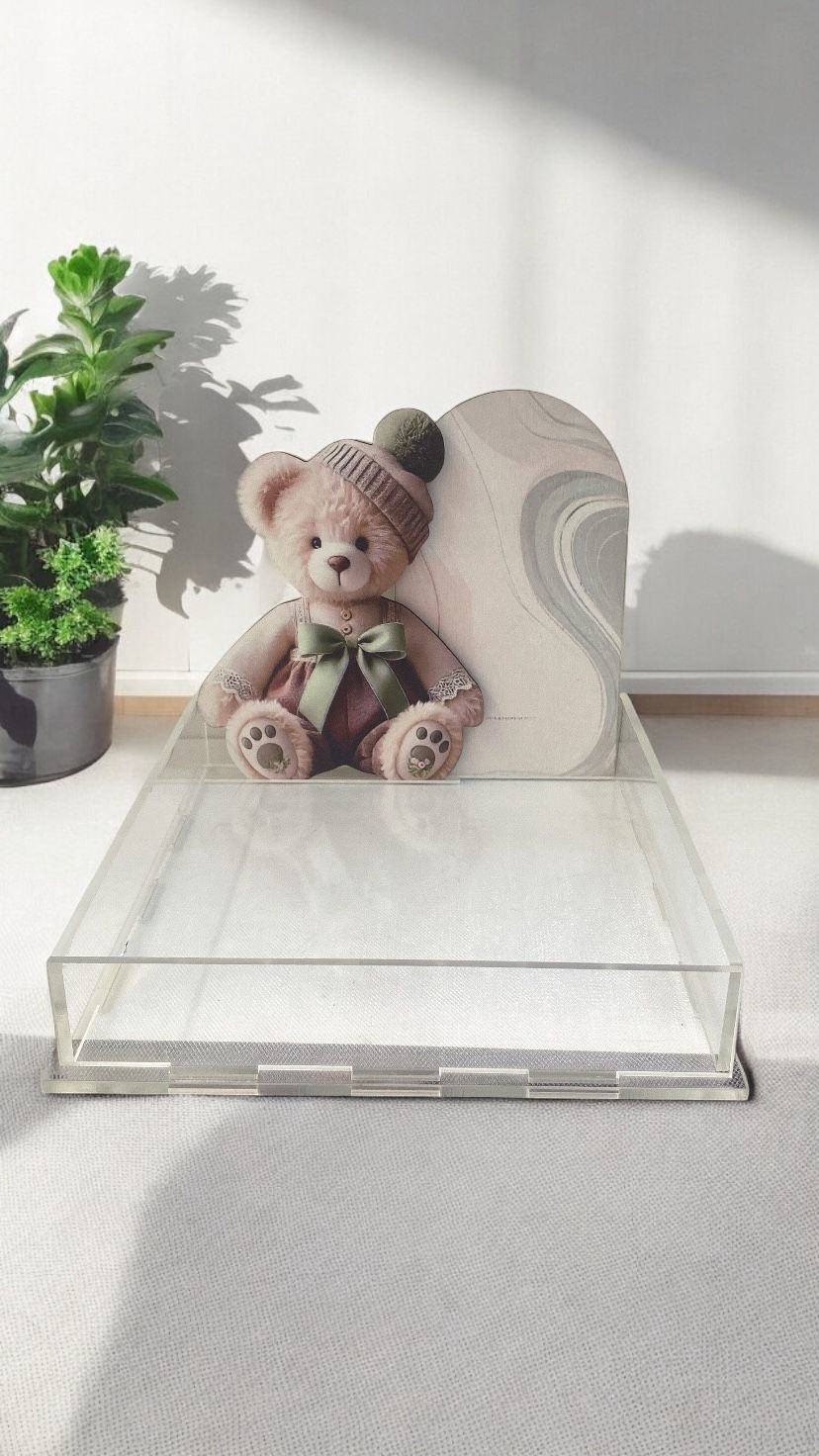 Yeşil kahve ayıcık dekorlu Pleksi çikolata sunum kutusu