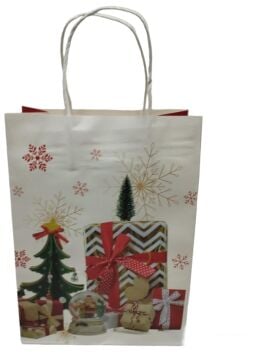 12 Li 26x33 cm Büküm saplı Kağıt Çanta-Poşet Beyaz Zemin Yılbaşı Hediye Paketli