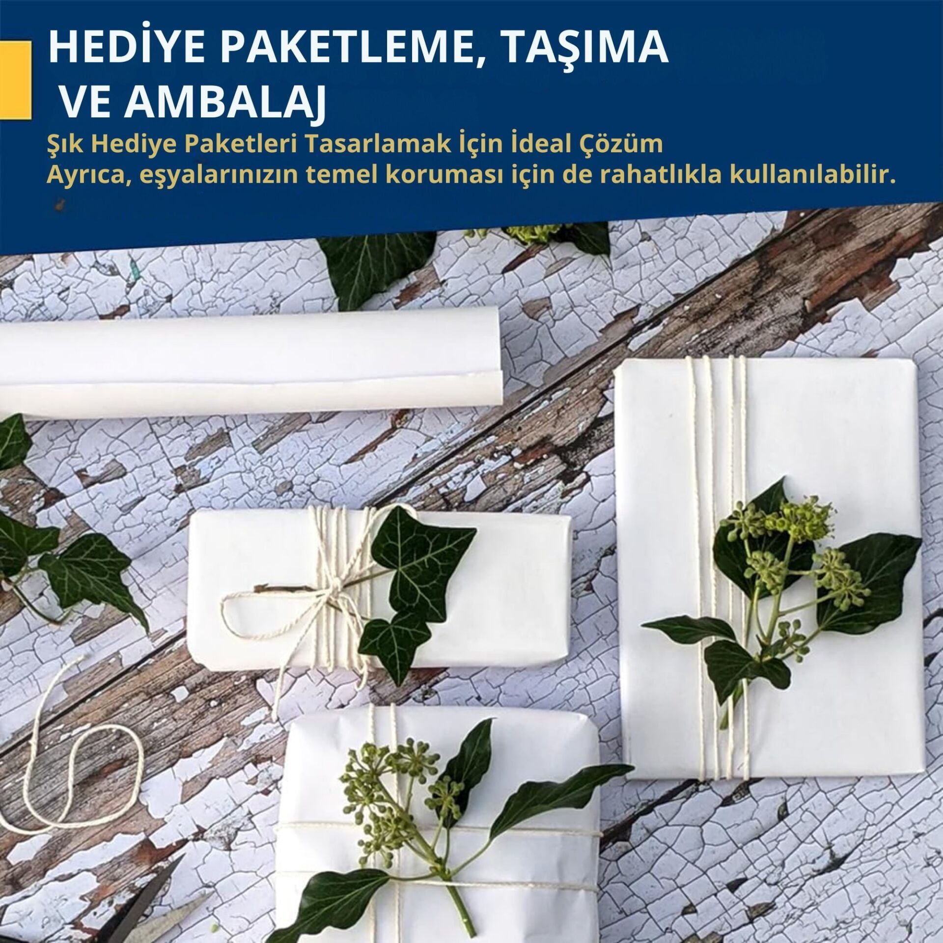 Beyaz Kraft Ambalaj ve Hediye Paketleme Kağıdı, Rulo Resim, Çeyiz Kağıdı, 80 gr-100 Cm x 50 Metre