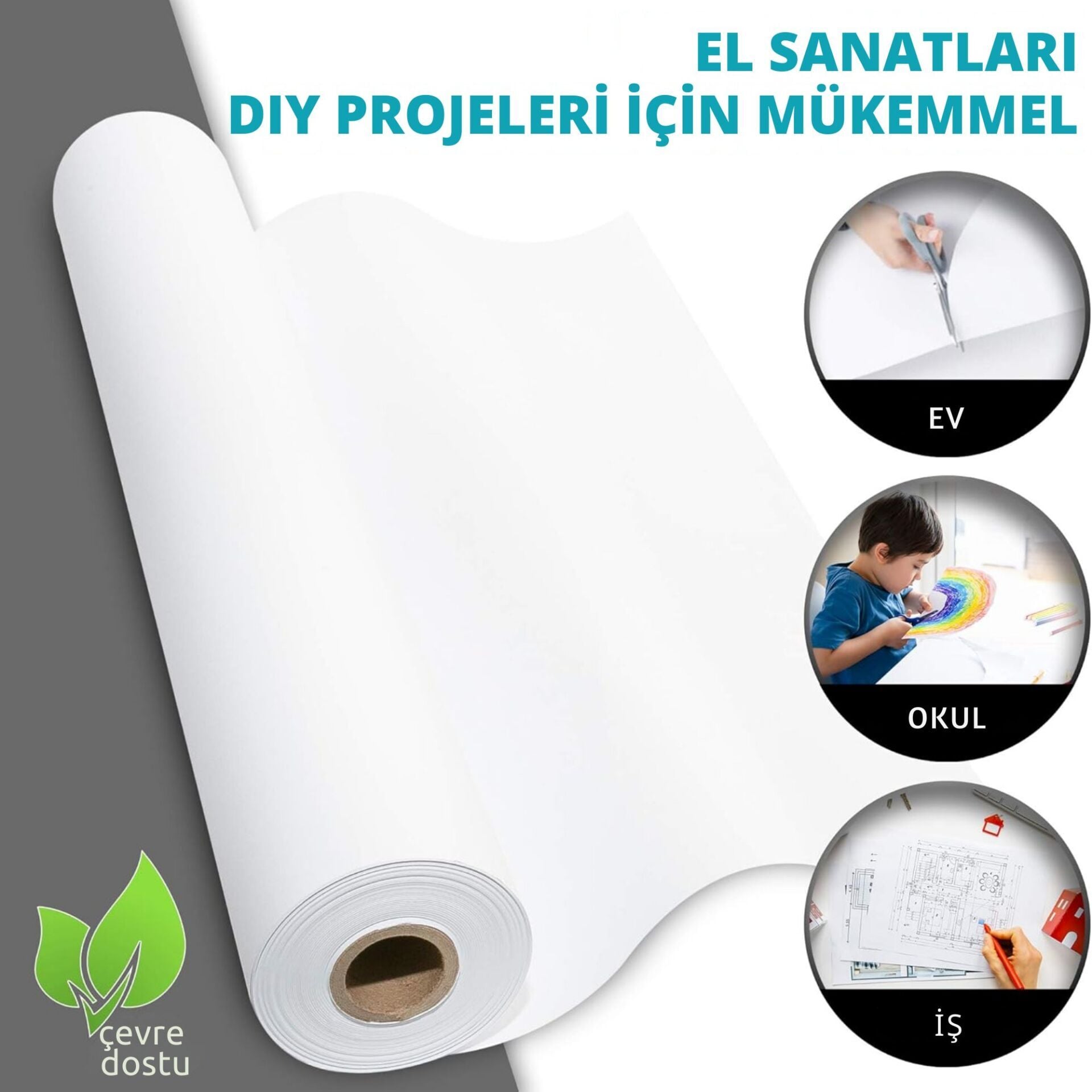 Beyaz Kraft Ambalaj ve Hediye Paketleme Kağıdı, Rulo Resim, Çeyiz Kağıdı, 80 gr-100 Cm x 50 Metre