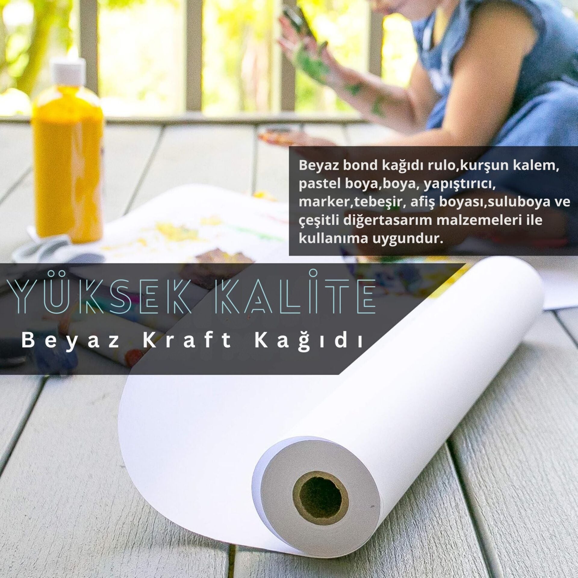 Beyaz Kraft Ambalaj ve Hediye Paketleme Kağıdı, Rulo Resim, Çeyiz Kağıdı, 80 gr-100 Cm x 50 Metre
