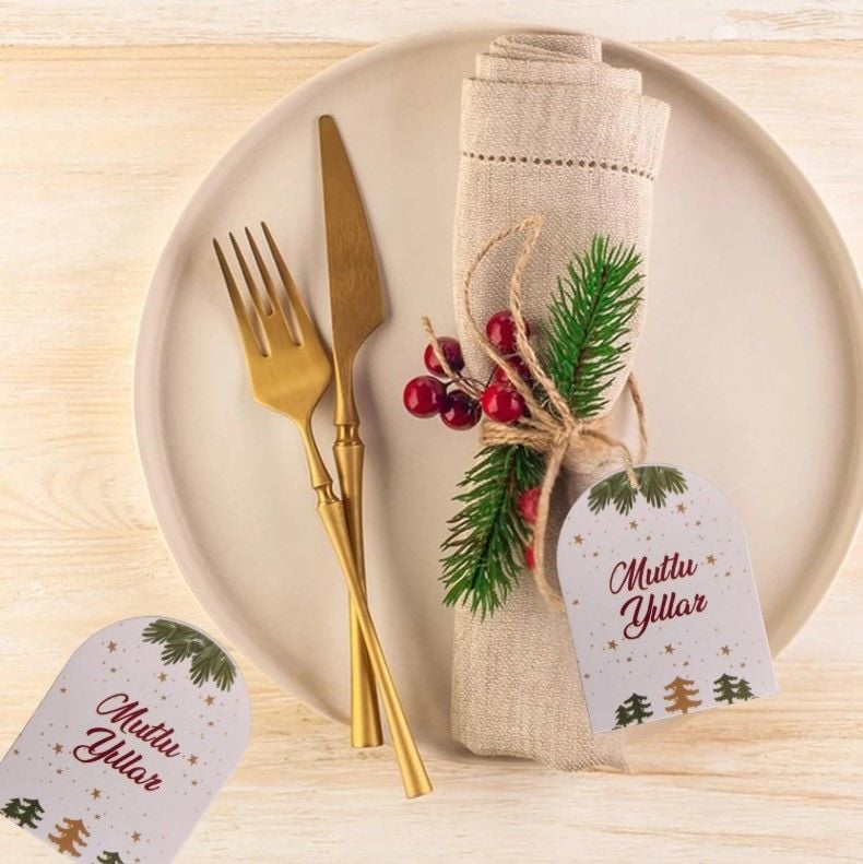 50 Li Yılbaşı Mutlu Yıllar Yazılı Hediye Etiketi, Delikli Yeni Yıl Paketleme Kartı