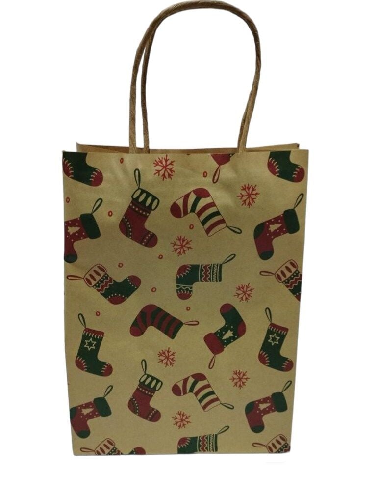 12 Li 19x23 cm Büküm saplı Kağıt Çanta-Poşet Kraft Yılbaşı Çoraplı