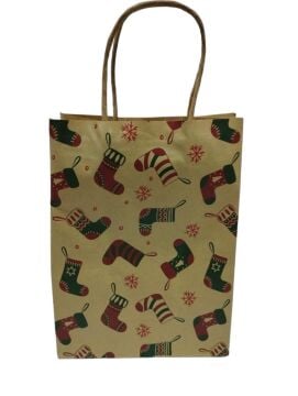 12 Li 19x23 cm Büküm saplı Kağıt Çanta-Poşet Kraft Yılbaşı Çoraplı