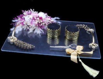 Süslü Yapraklı ŞEFFAF Dikdörtgen Damat / Yüzük Tepsisi ALTIN YUZUKTEP