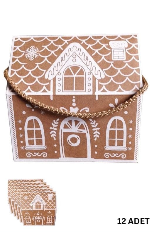 12 li Yılbaşı Baskılı Ev Tasarımlı Kutu / İpli Çanta