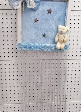 Ahşap kadife kaplı saçaklı püsküllü kapı süsü MAVI